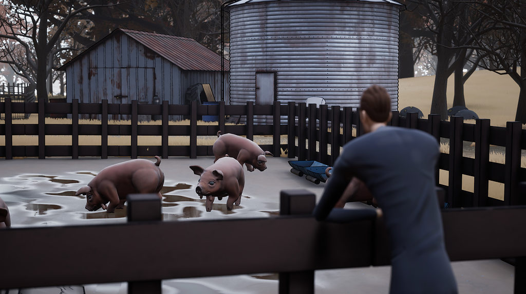 Man watches pink pigs in a pen. 