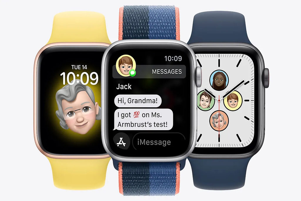 Three Apple Watch SE showing messages and avatars.
