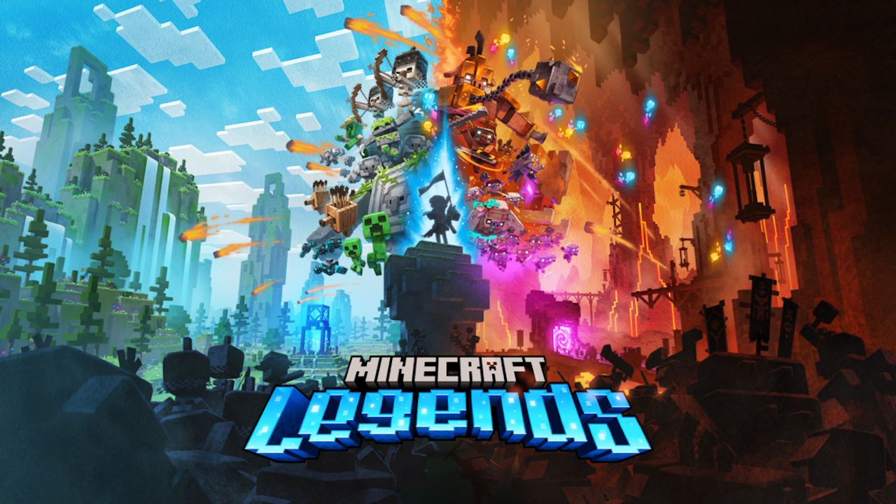 Minecraft Legends promo featuring two worlds - one light, one dark.