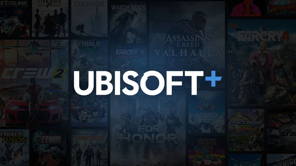 The promo image for Ubisoft+ with popular Ubisoft games in the background. 