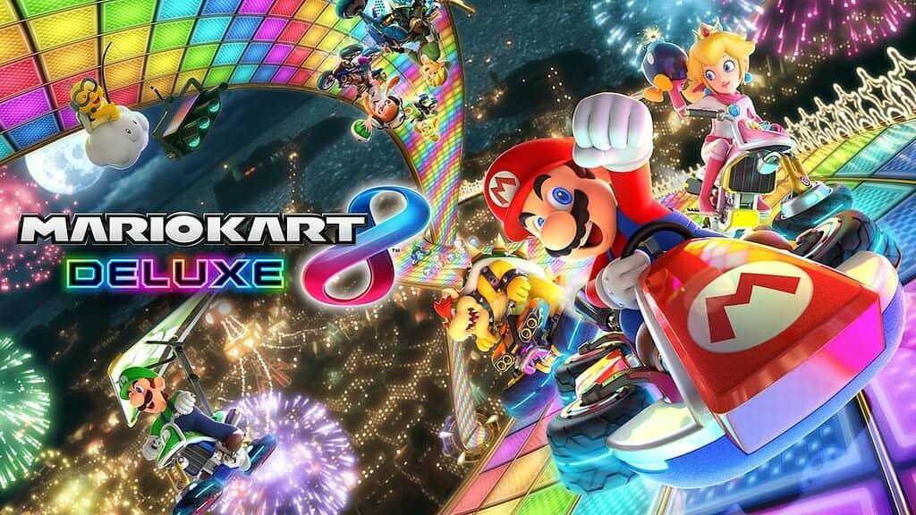 Poster for Mario Kart Deluxe 8 showing Mario in his signature kart