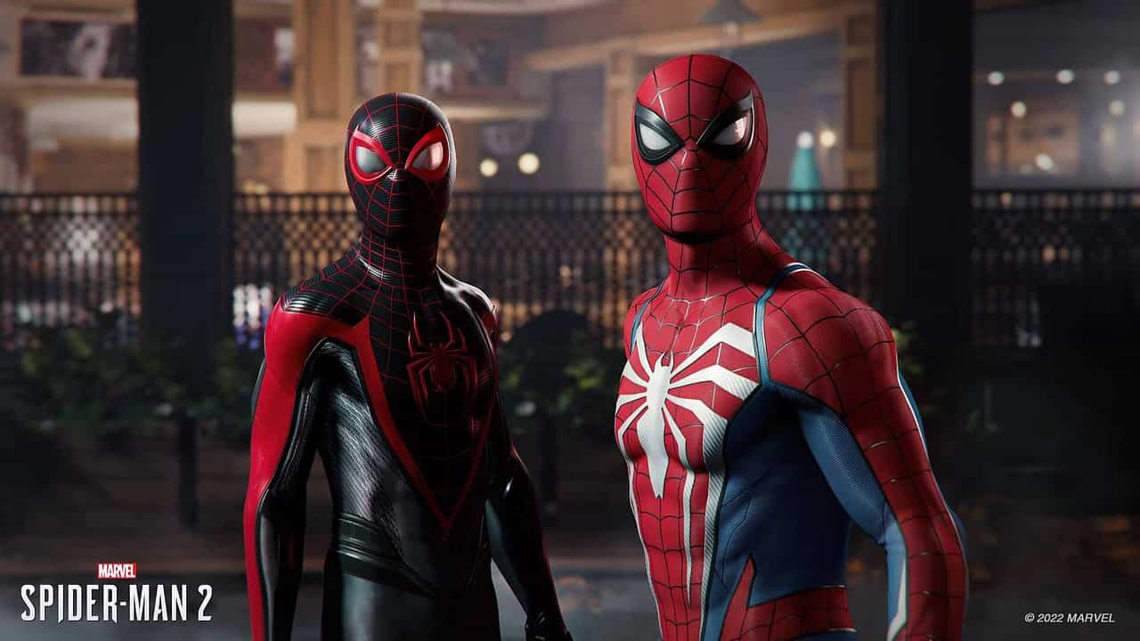Still from Marvel's Spider Man 2 PS5 trailer showing Peter Parker and Miles Morales